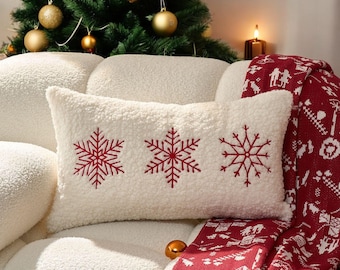 Julsnöflingor örngott: Festlig broderad julkudde, plyschigt vinterörngott i ländryggen