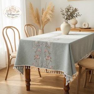 Geborduurd bloementafelkleed met kwastjes, linnen katoenen boerderij tafelkleed, tafelkleed Scandinavische botanische eettafel, keukendecor