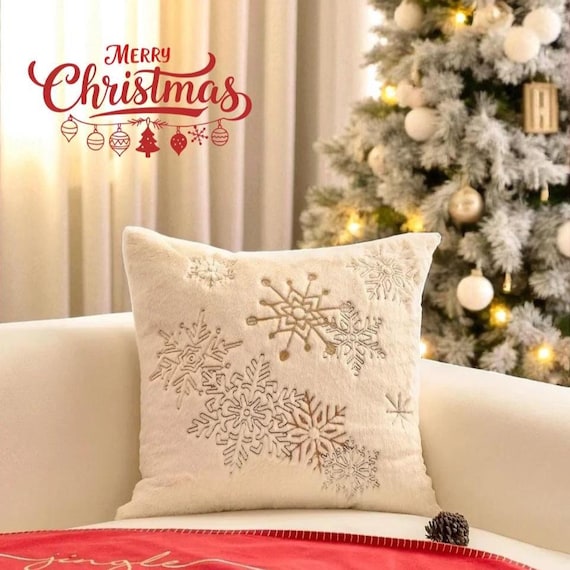 Embroidered Snowflake Christmas Pillow Cover, Plush Soft Cushion, Holiday Decor, Winter Throw Pillow, 45x45cm Xmas Gift Idea
