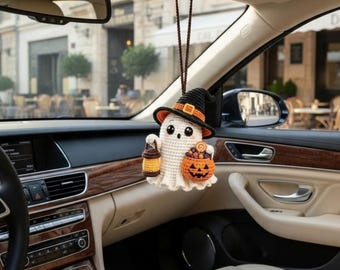 Szydełkowa zawieszka do samochodu w kształcie ducha, wisząca ozdoba na Halloween, uroczy, upiorny wystrój dyni, dodatek do lusterka wstecznego, jesienna dekoracja samochodu