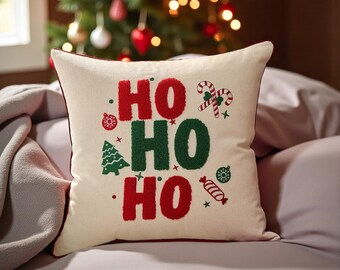 Embroidered Christmas Pillow Cover: Ho Ho Christmas Holiday Cushion