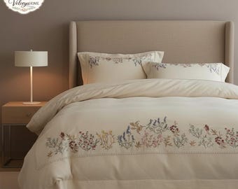 Juego de ropa de cama francesa vintage con bordados florales, juego de funda nórdica de algodón y lino de 4 piezas, ropa de cama romántica estilo cottagecore, decoración de dormitorio de lujo