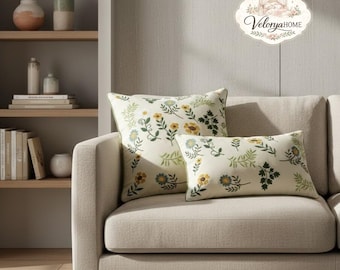 Skandynawska poszewka na poduszkę z motywem kwiatowym, poszewka na poduszkę z motywem botanicznym łąki 18x18, poszewka na poduszkę inspirowana naturą, neutralny wystrój sofy