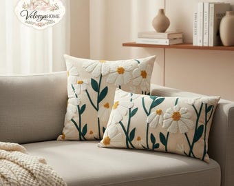 Gänseblümchen bestickter Kissenbezug 18x18, Floraler Frühlingskissenbezug, Cottagecore-Kissenbezug, Bauernhaus-Sofadekor, Kissenbezug
