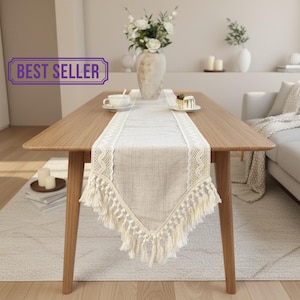 Camino de mesa bohemio de macramé con borlas de encaje beige, ideal para comedor, cocina, Navidad y decoración del hogar. Material natural.