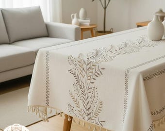Embroidered Linen Cotton Tablecloth, Botanical Farmhouse Table Cover, Rustic Nordic Dining Tablecloth, Neutral Kitchen Table Decor