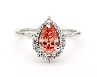 14K White Gold IGI-Certified Fancy Pink Pear-Shaped Lab-Grown Diamond Ring.