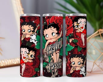 Vintage Cartoon Girl Tumbler Wrap | Red Roses, 20oz PNG (Digital Download)