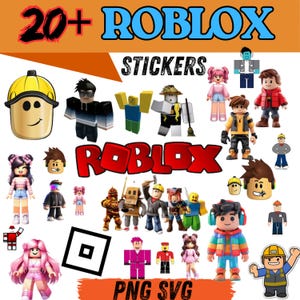May include: A collection of Roblox stickers featuring various characters and logos. The image includes the text "20+ Roblox Stickers" and "PNG SVG". The stickers are in various colors and designs, suitable for fans of the online game.