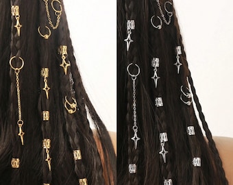 Set of 30 Hair Accessories, Ring Set, Gold/Silver Hair Accessories, Star Tassel Dreadlock Beads