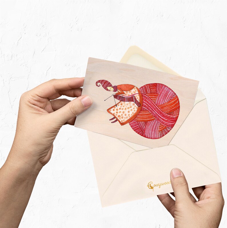 Happy Birthday Card for Friend loving knitting Handmade wooden greeting card Knitting Joy personalized text with wish can be printed on
