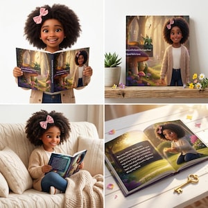 Könnte beinhalten: Ein Mädchen mit lockigem Haar und einer rosa Schleife hält ein Kinderbuch mit dem Titel "Secrets and the Secret of the Dragon Forest: A Special Tale for Emma". Das Cover und die Seiten des Buches zeigen Illustrationen des Mädchens in einer Waldszene.
