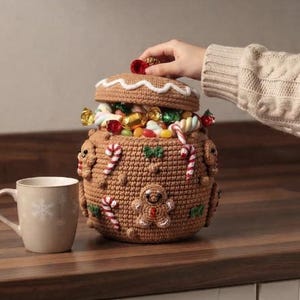 May include: A tan crocheted jar with a lid, decorated with small gingerbread man appliques, red and white candy cane motifs, and green bows. The jar is filled with assorted colourful sweets and sits next to a light beige mug with snowflake patterns.