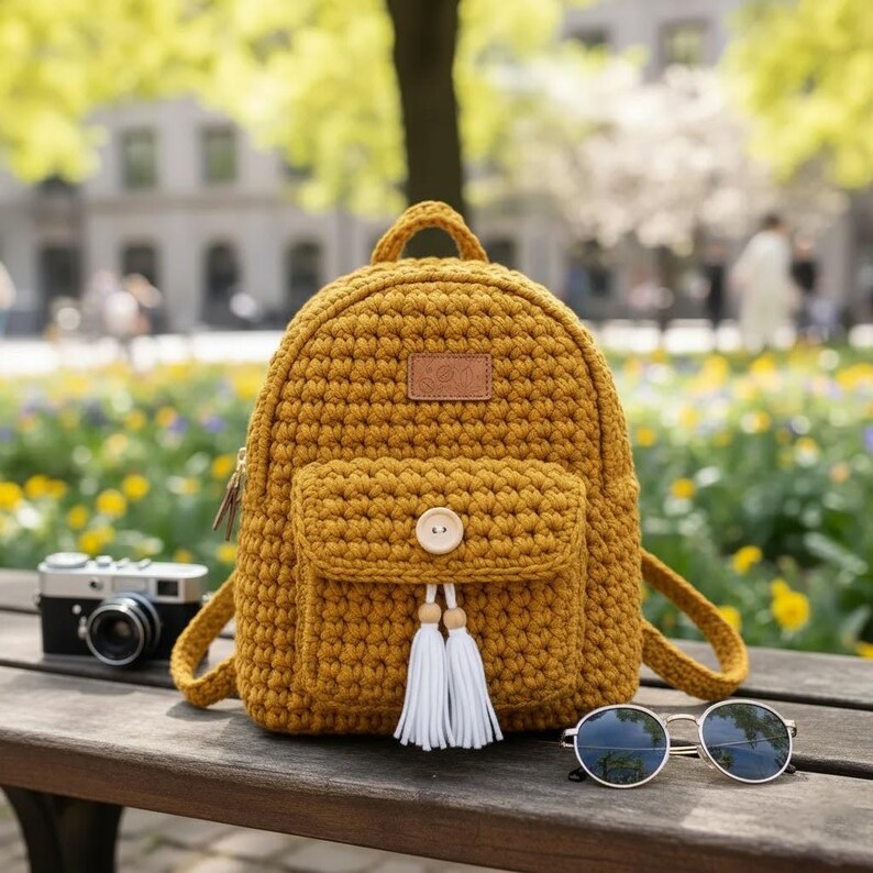 May include: Mustard yellow crochet backpack with a front pocket, wooden button, and white tassel accents. Features a top handle and adjustable straps. A vintage camera and sunglasses rest on a wooden bench next to the backpack.