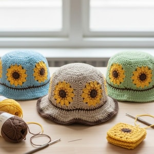 May include: Three crochet bucket hats with sunflower designs. The hats are in blue, tan, and green, with yellow and brown sunflowers. Yarn and crochet hooks are visible, suggesting a handmade craft.