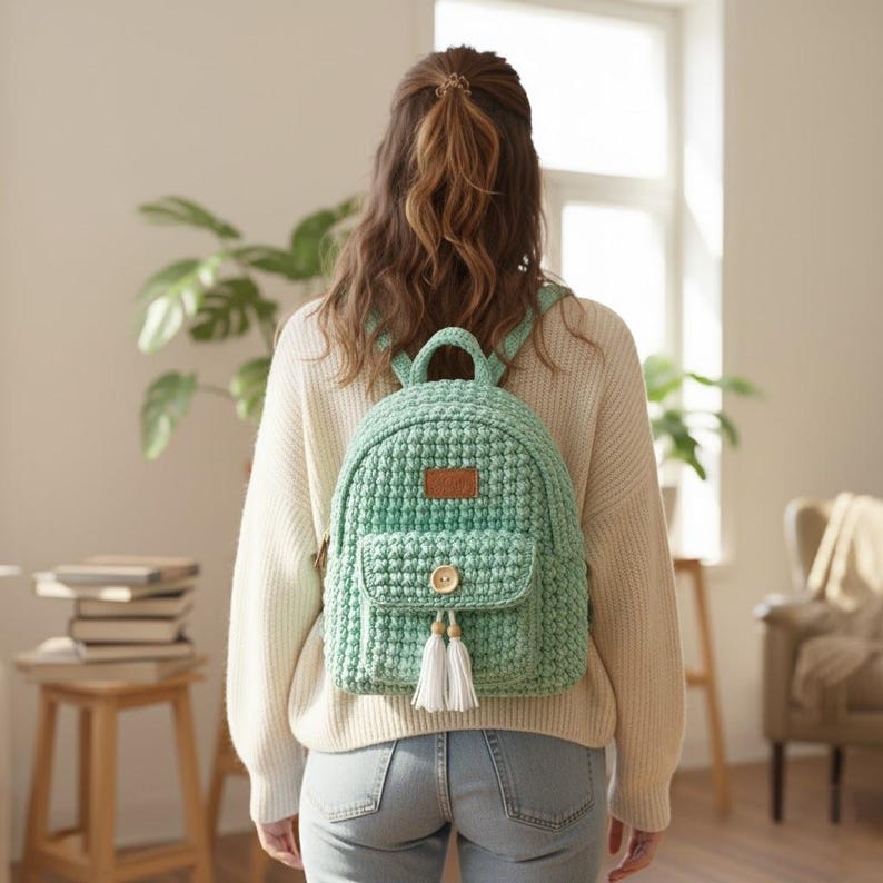 May include: A mint green crochet backpack with a small front pocket, wooden button, and white tassels. The backpack has adjustable straps and a small handle. A brown rectangular patch is sewn on the front. The backpack is approximately 10 inches tall.
