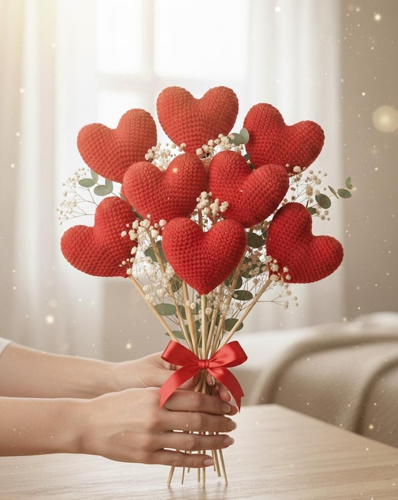 Valentine’s Day Crochet Bouquet Pattern | Heart Flower Amigurumi PDF | Beginner Crochet Valentine Gift | Handmade Love Decor