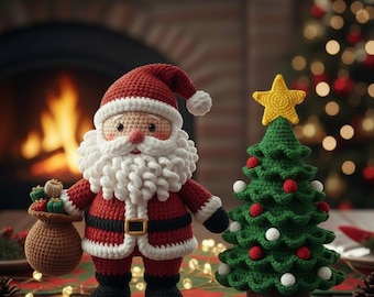Modello di Babbo Natale e albero di Natale / Decorazioni natalizie amigurumi fatte a mano / Regalo di Natale / Decorazione festiva per la casa