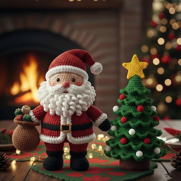 Santa Claus & Christmas Tree Pattern | Handmade Amigurumi Holiday Decor | Christmas Gift | Festive Home Decoration
