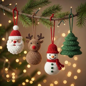 Crochet Christmas Ornament Pattern Set | 4 In 1  Pattern Set | Santa, Reindeer, Snowman & Tree | Beginner-Friendly PDF