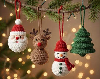 かぎ針編みのクリスマスオーナメントパターンセット | サンタ、トナカイ、雪だるま（PDF）