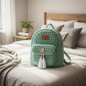 May include: A mint green crochet backpack with a small front pocket, a wooden button, and two white tassel accents. The backpack has a handle and adjustable straps. A small brown leather tag is on the back.
