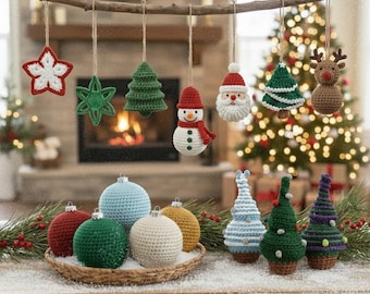 May include: A collection of handmade crochet Christmas ornaments, including stars, trees, a snowman, Santa, and a reindeer. The ornaments are in various colors and styles, displayed on a wooden branch and in a woven basket.