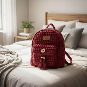 May include: A burgundy crochet backpack with a front pocket, wooden button, and tassel detail. The backpack has a small handle and adjustable straps. A small leather tag is attached to the top of the backpack.