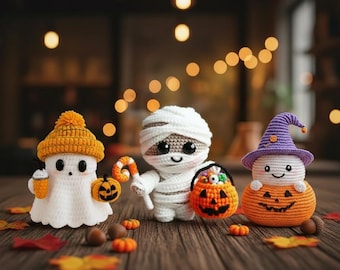 Halloween Amigurumi Häkelanleitung 3er Set | PDF Geist, Mumie & Kürbis