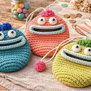 May include: Three colorful, round, crocheted pouches with whimsical faces. The pouches are in blue, orange, and yellow, each with white eyes, a mouth, and a matching pom-pom. They have a drawstring cord for carrying.