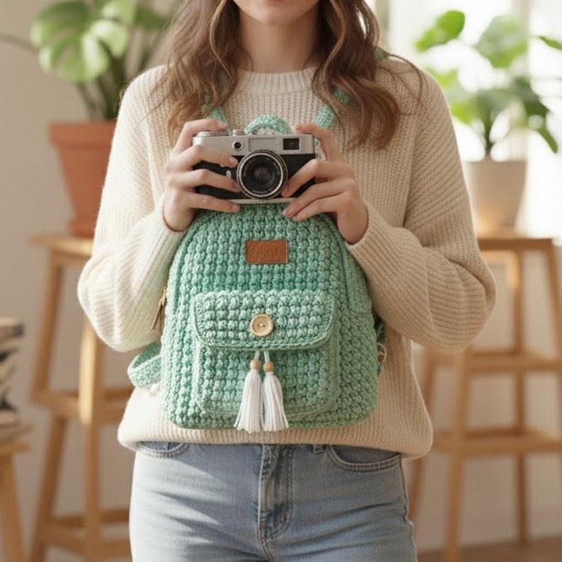May include: A mint green crochet backpack with a front pocket, wooden button, and white tassels. The backpack has a small leather tag. A vintage camera is held in front of the backpack.