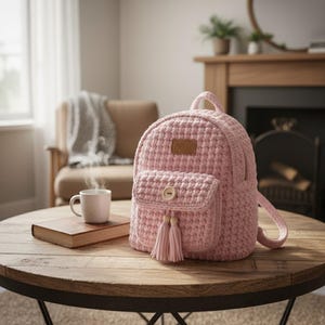 May include: A light pink crochet backpack with a front pocket, wooden button, and tassel accents. The backpack has a small leather tag and a top handle. It sits on a round wooden table next to a book and a mug.