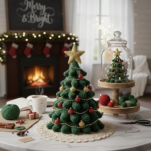 Può includere: Un albero di Natale all'uncinetto verde fatto a mano con una stella dorata in cima, ornamenti rossi e dorati e una ghirlanda dorata. Un albero più piccolo è esposto sotto una campana di vetro. La scena include un camino e il testo "Merry & Bright".