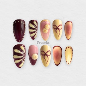 Banana Plum 3D Aura Press On Nails Spring Bow Design Almond Coffin Stiletto Reusable