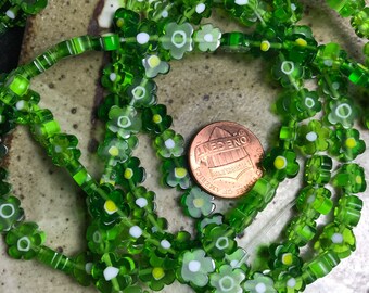 craft items - 4mm green and gold striped glass beads supplies jewelry destash