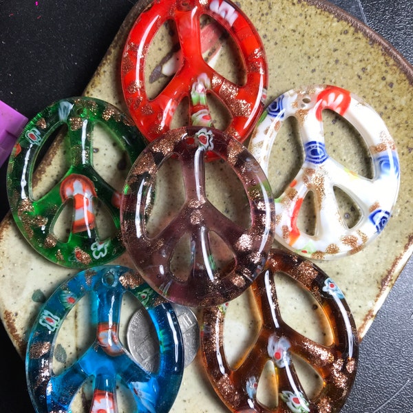 49 mm x 42mm Millefiori Glass Peace Sign Pendants, jewelry destash