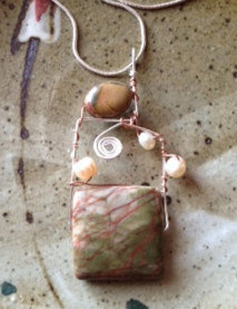 handmade jewellry Unakite fresh water pearl and jasper sterling silver necklace boho jewelry