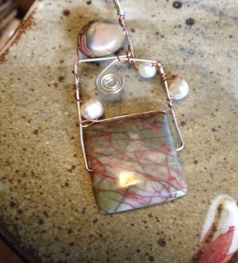 handmade jewellry Unakite fresh water pearl and jasper sterling silver necklace boho jewelry