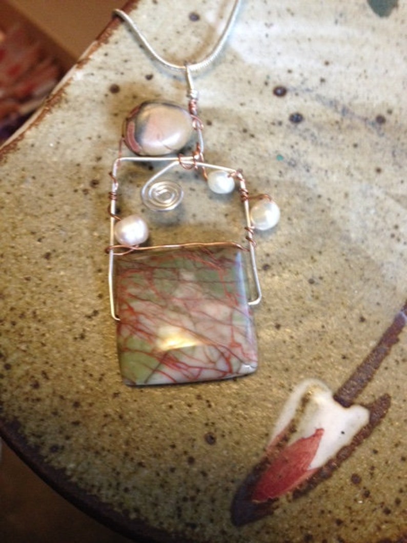 handmade jewellry Unakite fresh water pearl and jasper sterling silver necklace boho jewelry