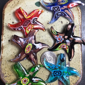 47 mm x 52 mm Starfish Millefiori glass pendants, jewelry destash