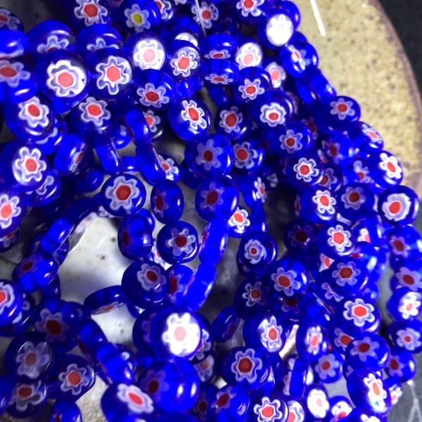 50% off - Dark blue Millefiori beads with red and white flowers -, jewelry destash - you choose size. 8 mm or 10 mm