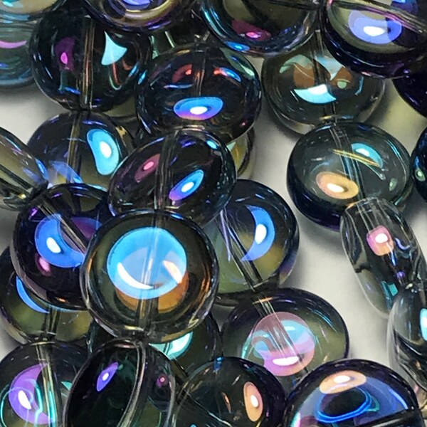 12 mm Clear Electroplated Blue Puffy Coin Glass Beads for jewelry making