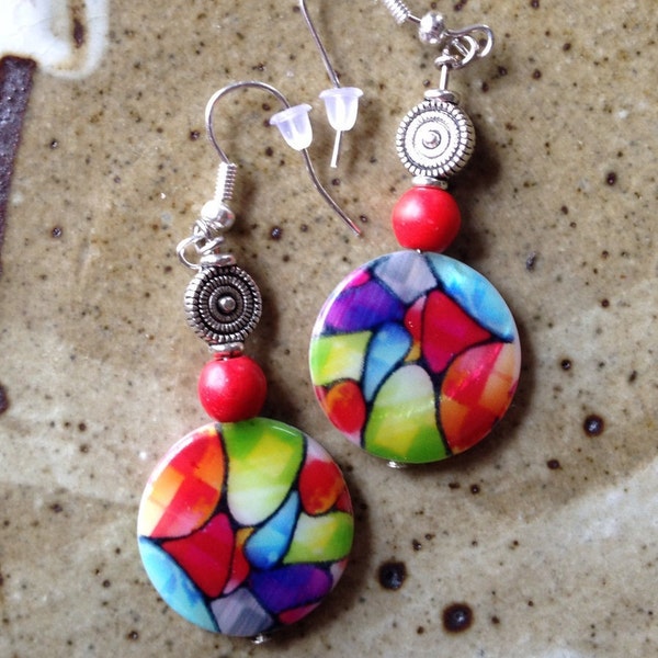 Mosaic mother of pearl and magnesite earrings