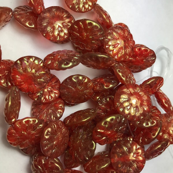 14 mm Rose Red  Dahlia  Czech Glass Beads with a Golden Wash, jewelry destash