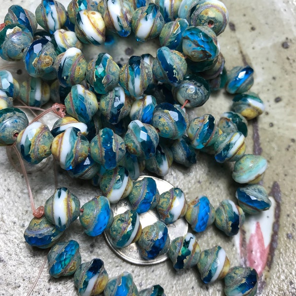 8 mm x 10 mm Pacific Blue and White  Saturn Czech Glass beads with Mossy Green Finish for jewelry making