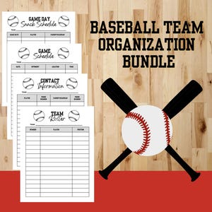 May include: Baseball team organisation bundle with baseballs and bats. Includes snack schedule, game schedule, contact information, and team roster templates. The background is a wooden texture with a red base.