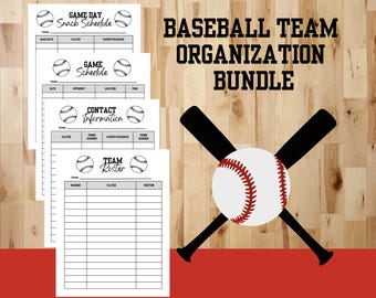 Peut inclure: Ensemble d'organisation d'équipe de baseball avec balles et battes. Comprend des modèles de calendrier des collations, de calendrier des matchs, d'informations de contact et de liste d'équipe. Le fond est une texture en bois avec une base rouge.