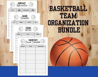 Peut inclure: Un ensemble d'organisation d'équipe de basket-ball avec un graphique de basket-ball et plusieurs formulaires imprimables. Les formulaires comprennent des informations de contact, des calendriers de matchs, des listes d'équipes et des calendriers de collations. Le texte "Basketball Team Organization Bundle" est affiché en gras, en noir.
