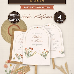 May include: Wedding program fan set featuring arch-shaped cards with wildflower illustrations and text for Sophia and Liam. Includes front, back, print sheet, and sign designs. Text includes "Wedding Program Fan," "Editable in Canva," and "4 Pieces."