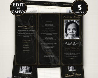 Modèle de programme funéraire à trois volets, Programme de décès noir et or, 11 x 17 pouces, Livre d'or funéraire, Annonce de décès, Canva